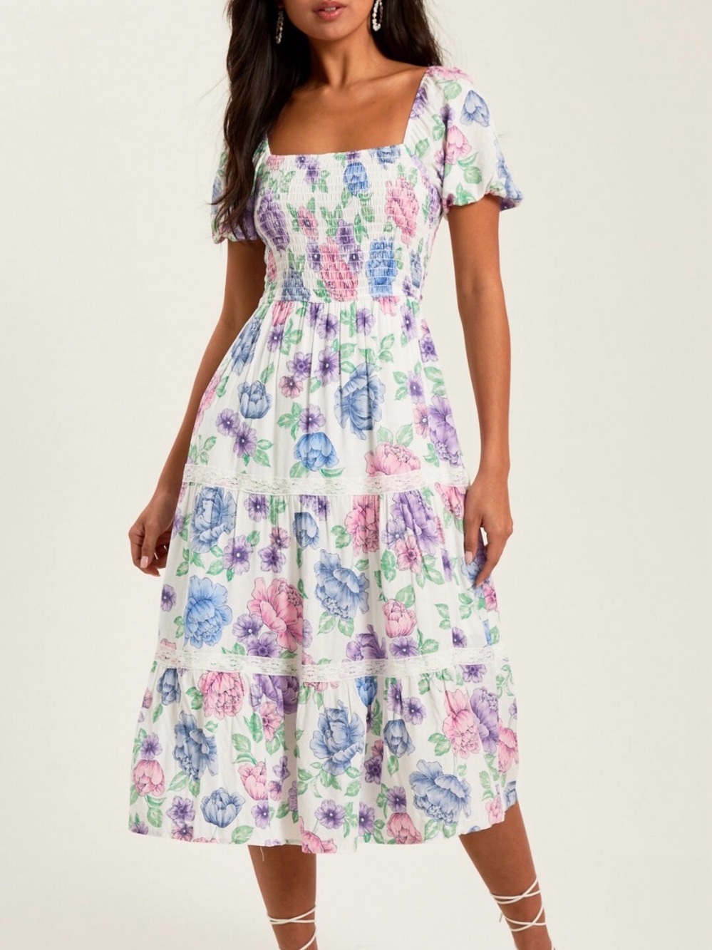 Altar'd State Becca Floral Midi Dress Large Smocked Puff Sleeve Cottagecore Pink